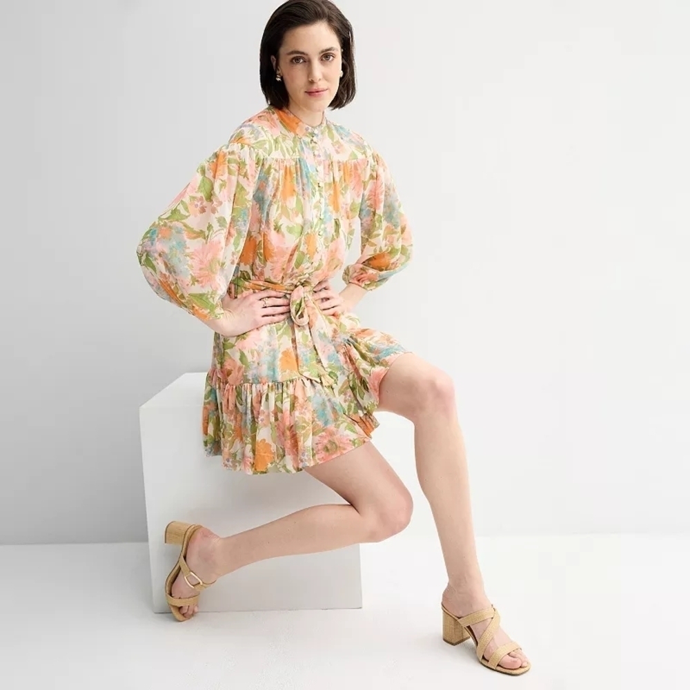Taylor Pink and Orange Wrap Mini Dress with Bishop Sleeves - Picture 9 of 11